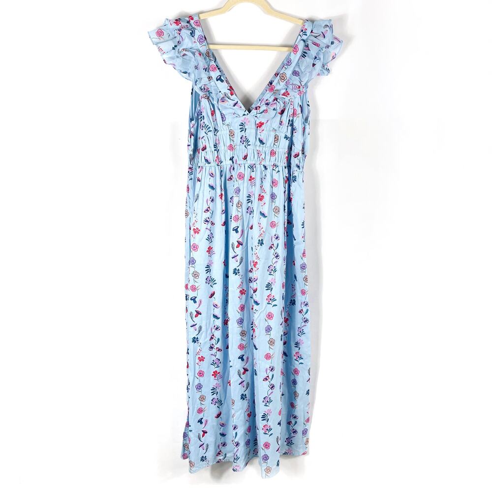 Banjanan Maya Dress Floral Misty Blue V-neck Midi Ruffle Cotton Sz XL - Picture 5 of 13